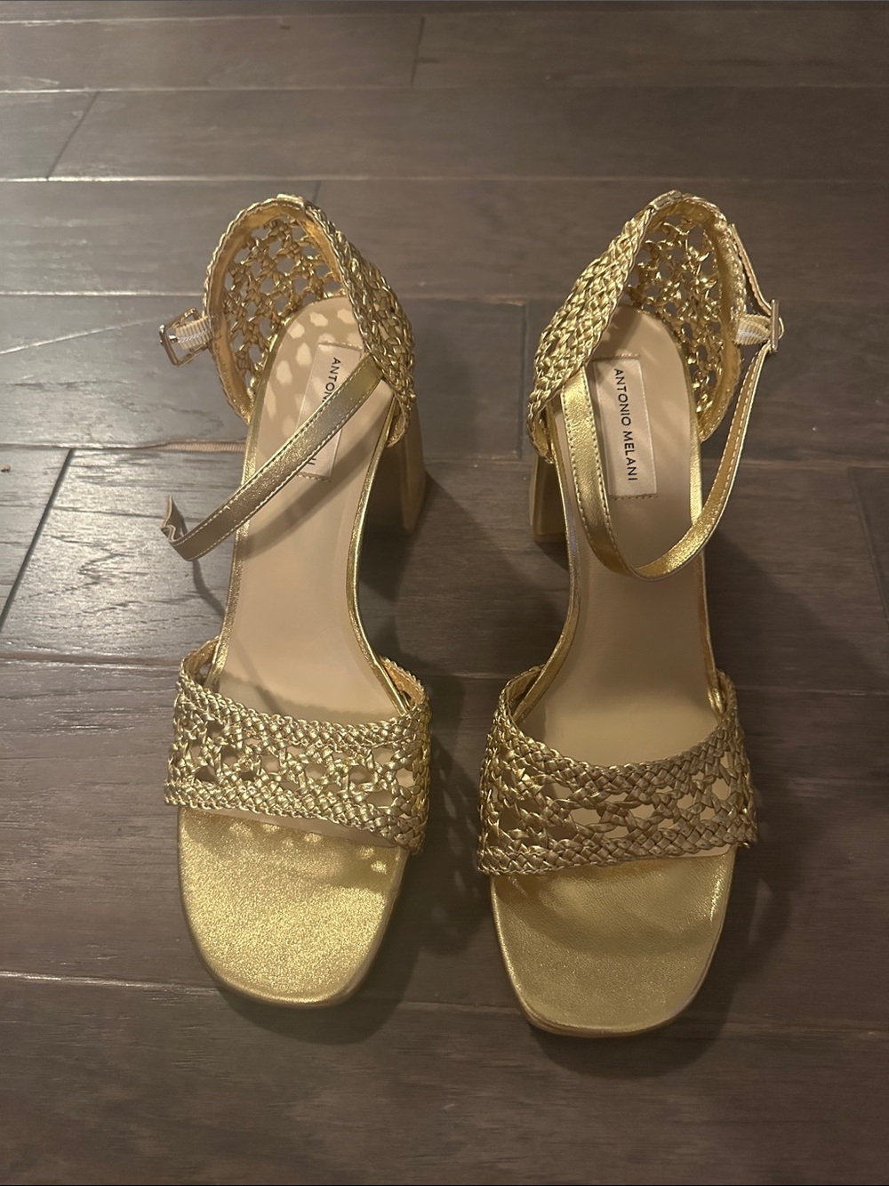 ANTONIO MELANI Metallic Gold Braided Block Heel Sandals
